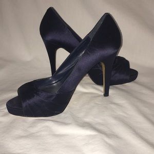Navy Blue Satin Peep Toe Pumps